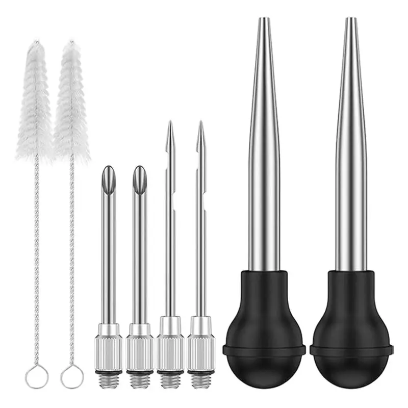 AB11-Turkey Baster Set Of 8 Stainless Steel Turkey Baster Syringe Meat Marinade Injector Needle With 4 Needles Silicone Bulb