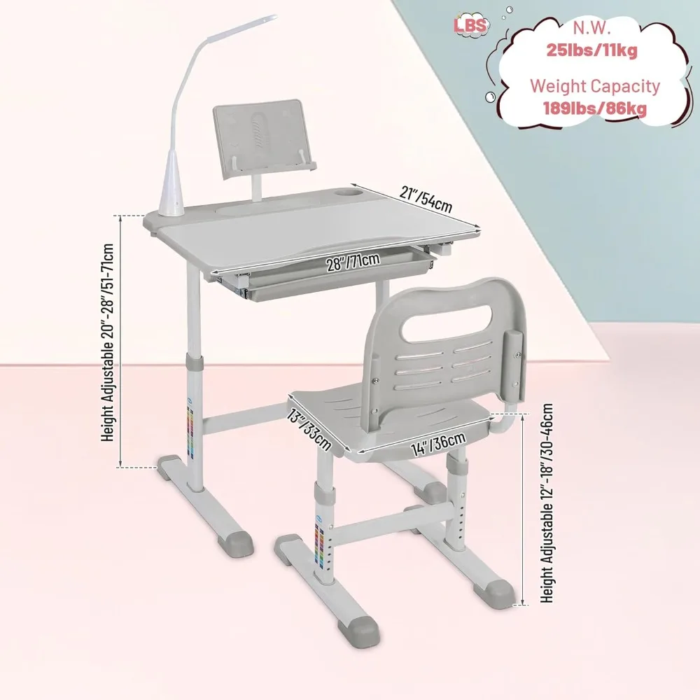 طقم مكتب وكرسي للأطفال قابل للتعديل للارتفاع للدراسة المنزلية مع مساحة تخزين وإضاءة LED وحامل أكواب وحامل كتب