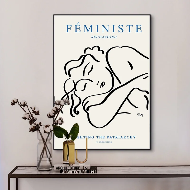 Minimalist Matisse Feminism Poster and Print Beige Blue Nude Smash The Patriarchy Canvas Painting Wall Art Picture Room Decor