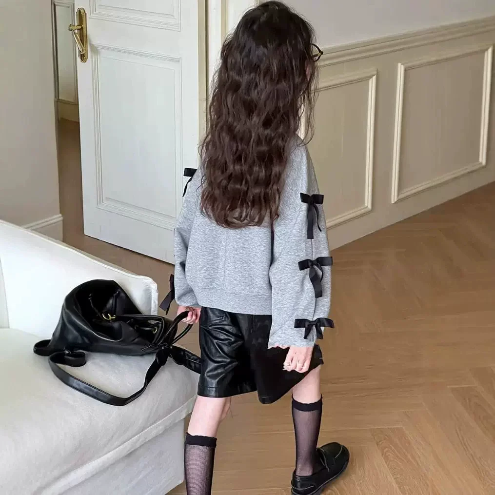 ربيع الخريف الطفل والفتيات القطن رمادي المحاصيل البلوز مع القوس مدرسة أطفال البلوز معطف أعلى الأطفال الزي البلوز 2-9 سنوات #3