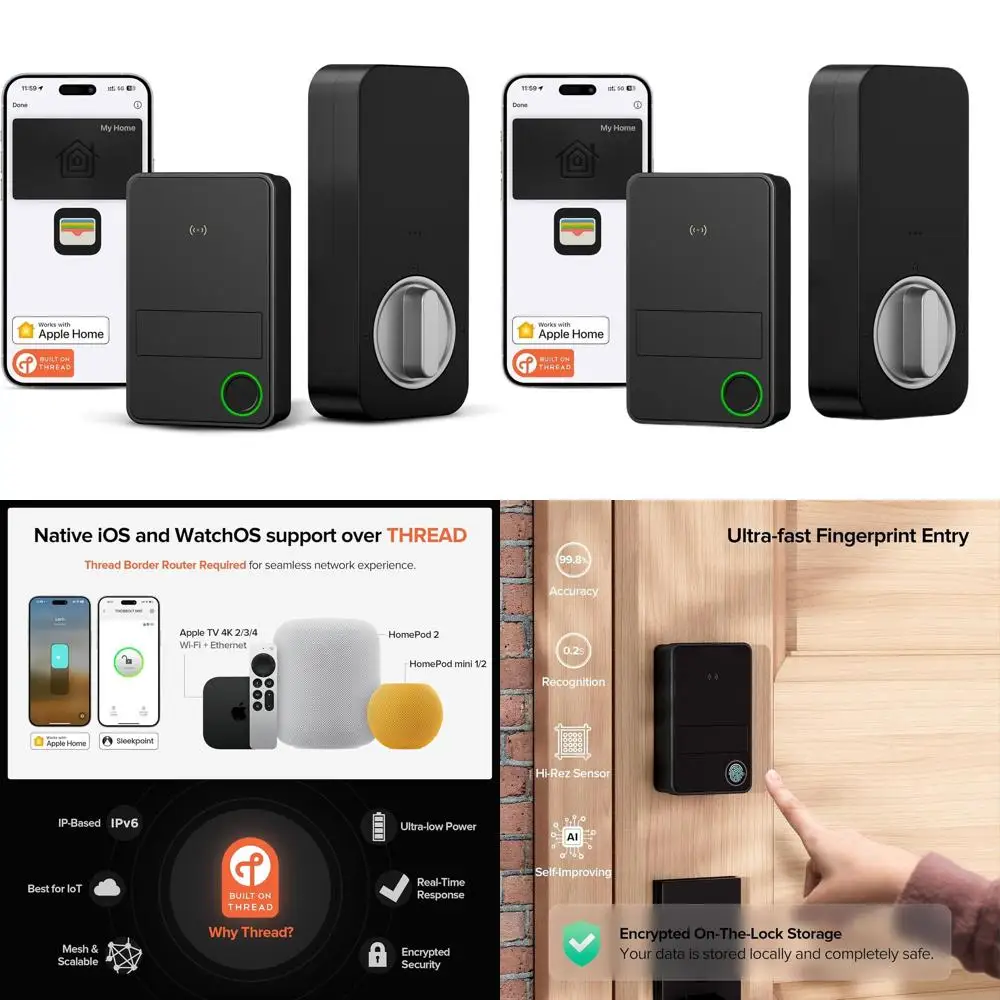 

Умный дверной замок с функцией бесконтактного доступа по отпечатку пальца, совместимый с iOS и HomeKit, водонепроницаемый, черный.