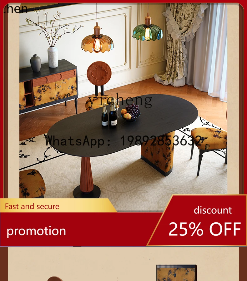 

HT retro solid wood combination small apartment living table medium antique oval dining table