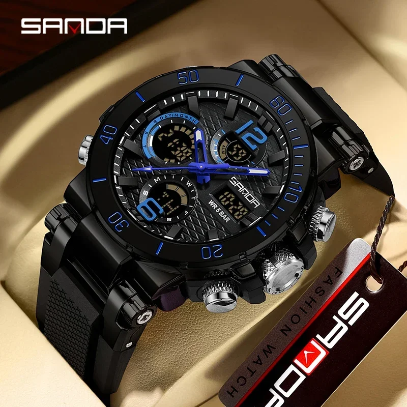 Mode Sanda 2024 Dual Screen Herren Led Digitaluhr Nachtlicht Wasserdicht Multifunktionale Beliebte Wecker Armbanduhr 6167