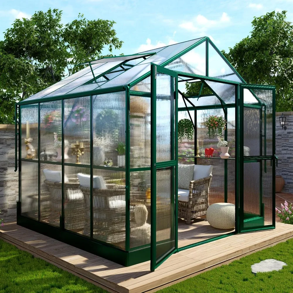 

8x8x7.5 FT Aluminum Greenhouses for Outdoors, Polycarbonate Greenhouse with 2 Vents Lockable Swing Door Rain Gutter