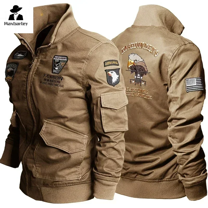 

Autumn Pilot Jacket Men's Retro Airborne Fleece Work Jackets Cotton Eagle Embroidery Windproof Coats Causal Stand Collar Outwear