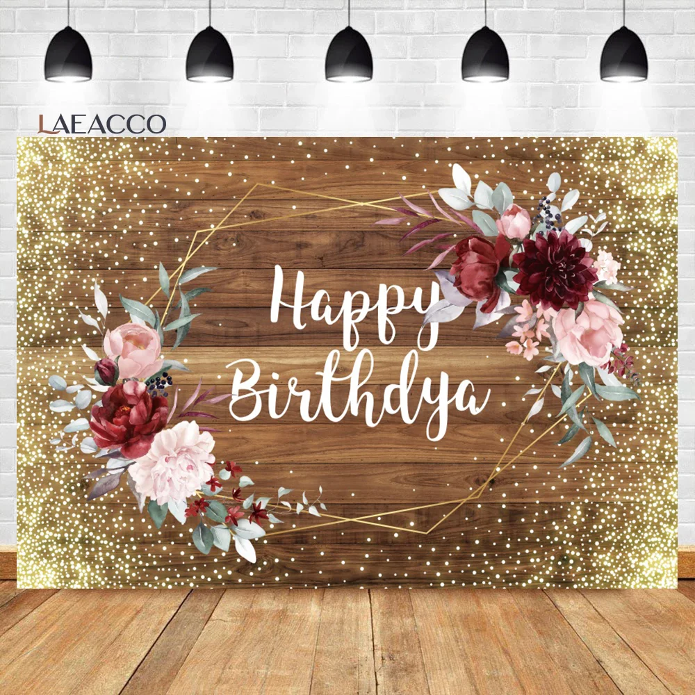 

Laeacco Rustic Wooden Floral Birthday Backdrop Pink Flower Wood Glitter Women Girls Portrait Customized Photography Background