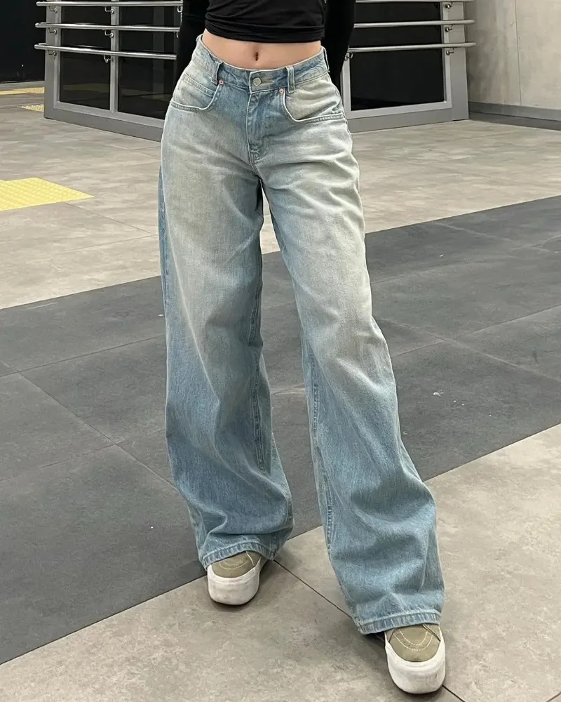 

Vintage New Fashion High Waist Blue Washed Imitation Old Jeans Ladies Y2K Harajuku Baggy Straight Pants Casual Wide Leg Pants