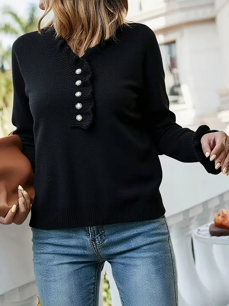 

Женский свитер с длинными рукавами и жемчугом, расшитый бисером, V-образный вырез, пуловер с рюшами, топы