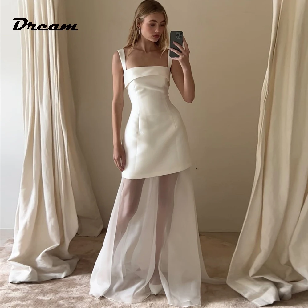 DREAM Vestidos de novia de satén marfil personalizados Vestidos de novia sin mangas con cuello cuadrado simple Vestidos de novia hasta el suelo Una línea 2025