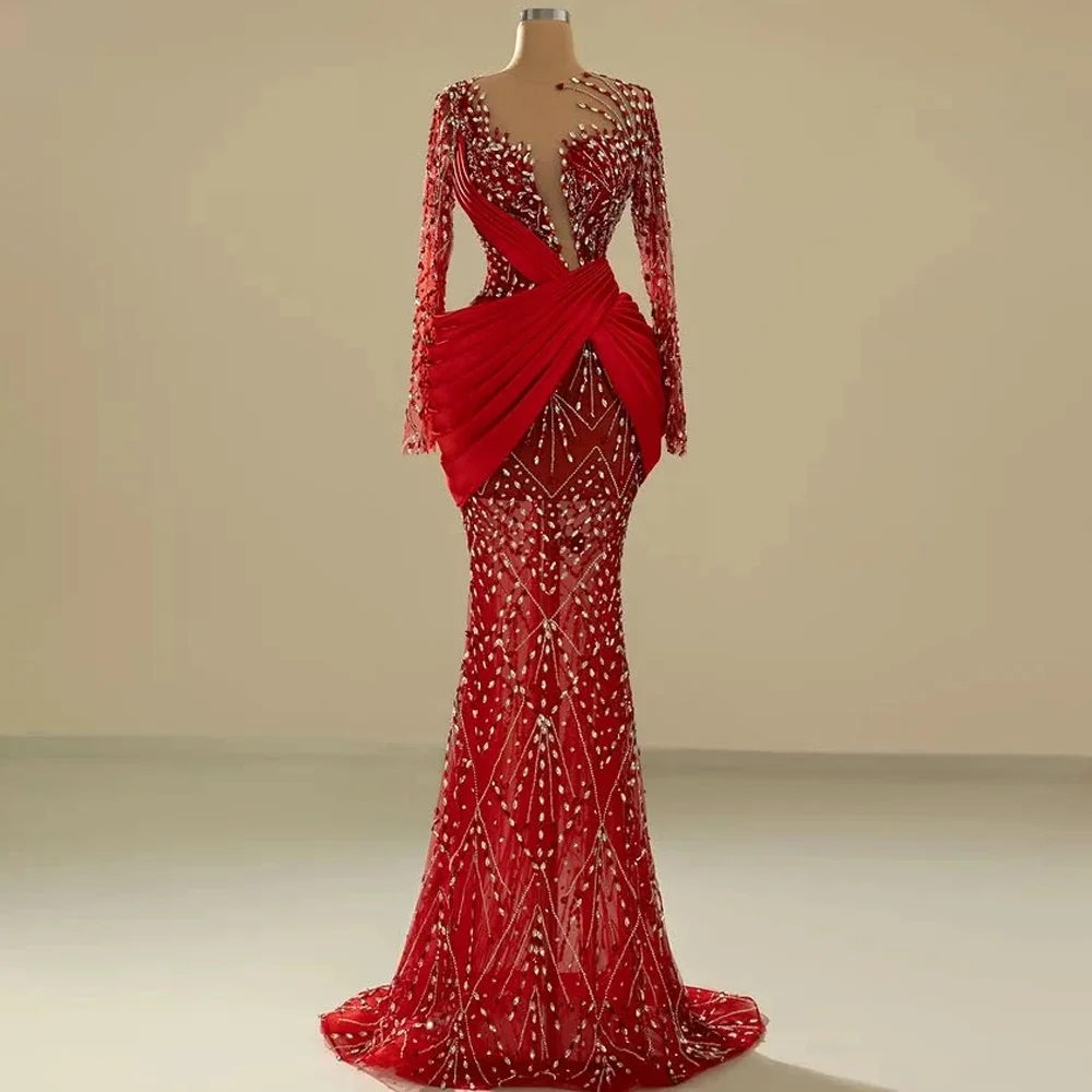 Red Tulle Mermaid Dress Glamorous Crystal Evening Gown Elegant Long Sleeve Floor Length Party Dress Haute Couture Dress