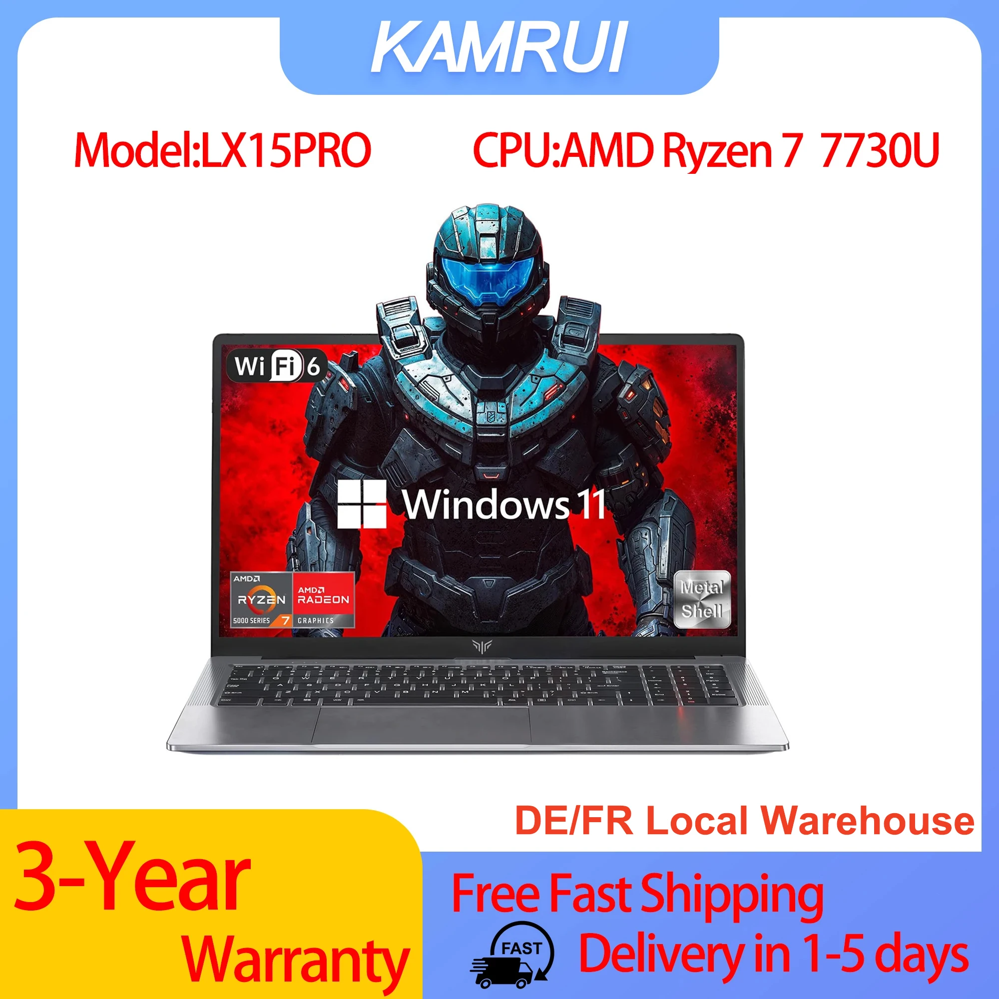 Portátil para Juegos KAMRUI LX15PRO con AMD Ryzen 7 7730U, Pantalla de 15.6 Pulgadas, 16GB, 512GB, Windows 11, Alto Rendimiento, Radeon, WiFi 6