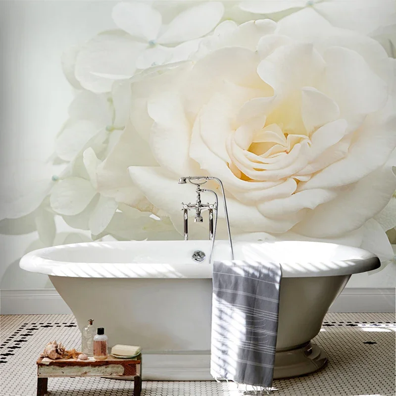 

Custom 3D Mural Wallpaper Modern Simple White Rose Bathroom Backdrop Wall Decor PVC Waterproof Self-Adhesive Home Decor Stickers