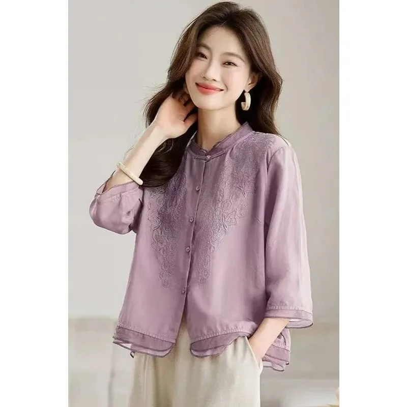 

Женская блузка с вышивкой лавандового цвета, воротником-мандарином и рукавами 3/4, двухслойная рубашка