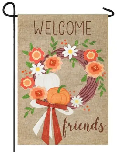 Burlap Fall Wreath Double Applique Garden Flag