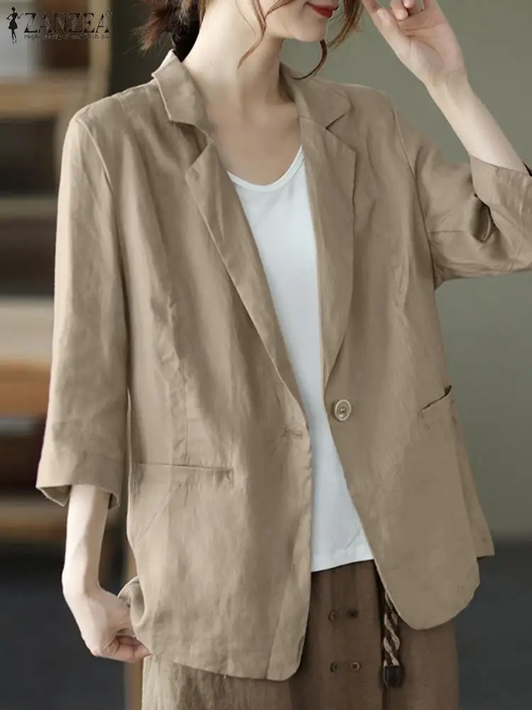 

Summer Vintage Loose Work Suits 2023 ZANZEA Women Solid Cotton Blazer Autumn Lapel Neck 3/4 Sleeve Thin Coats Casual Outwear