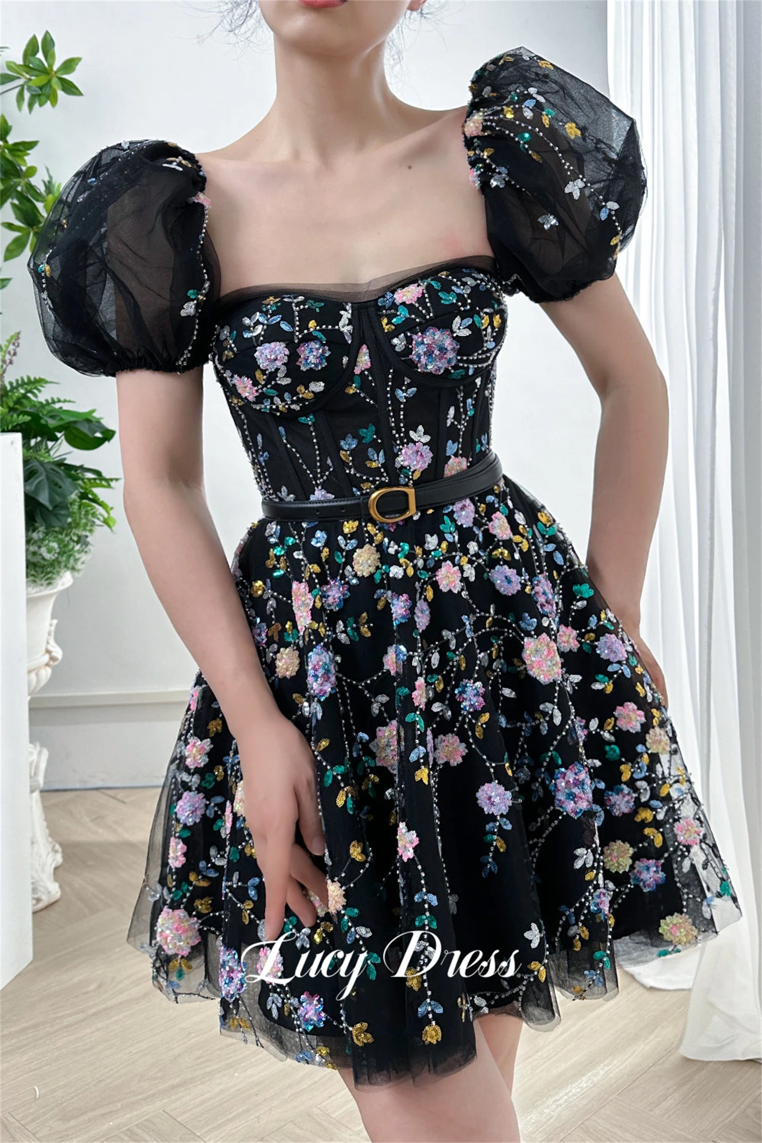 

Lucy Sweetheart Party Dress Puff Sleeves Floral Fabric Mini Skirt Cocktail Wedding Dresses for Formal Occasions Ball Gowns