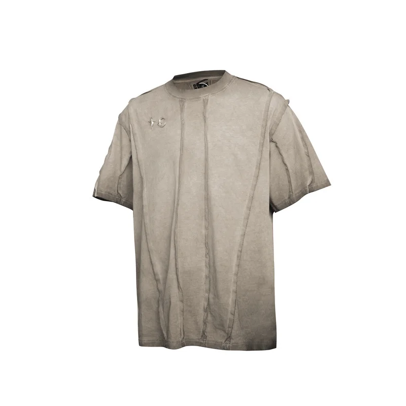 Thug Club Street Hip-Hop Style Metal Button Patchwork Washed Vintage Loose Men's and Women's T-Shirt Trend