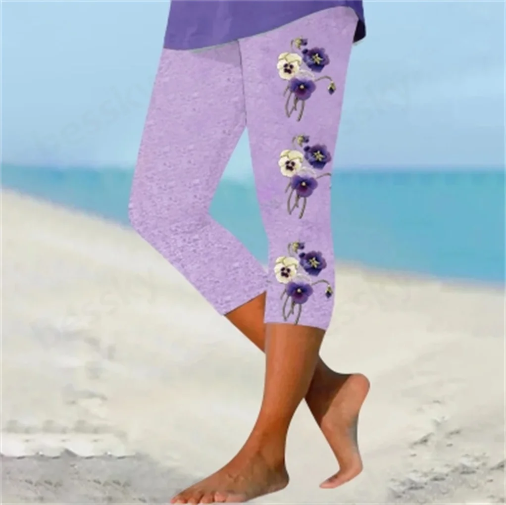

Ladies' fashionable casual floral print high waisted elastic cropped pants with leggings