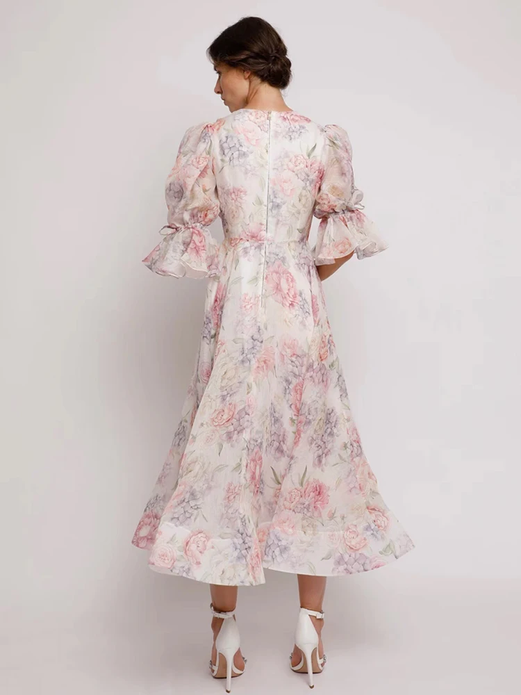 Retro printed V-neck applique lace-up cinched waist short-sleeved dress 2025 summer women's fashion loose A-line dress