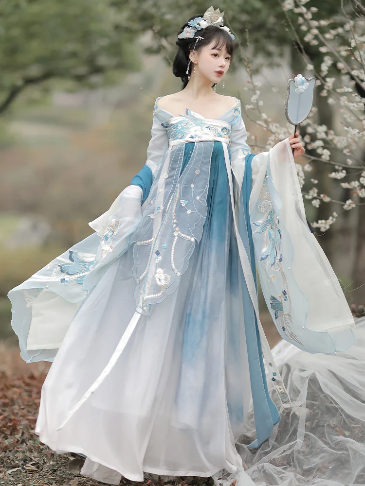 Women Chinese Traditional Blue Hanfu Costume New Style Lady Han Dynasty Dress Embroidery Wei Jin Dynasty Princess Folk Dance