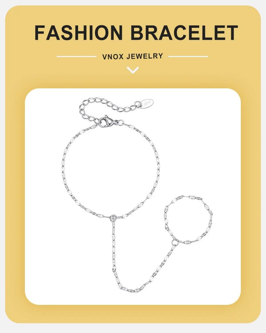 Vnox Minimalistischer Fingerring-Armband für Frauen, Edelstahl-Lippen-Handkette, Doppelschicht-Armband, Alltags- und Party-Schmuck – Detail 1