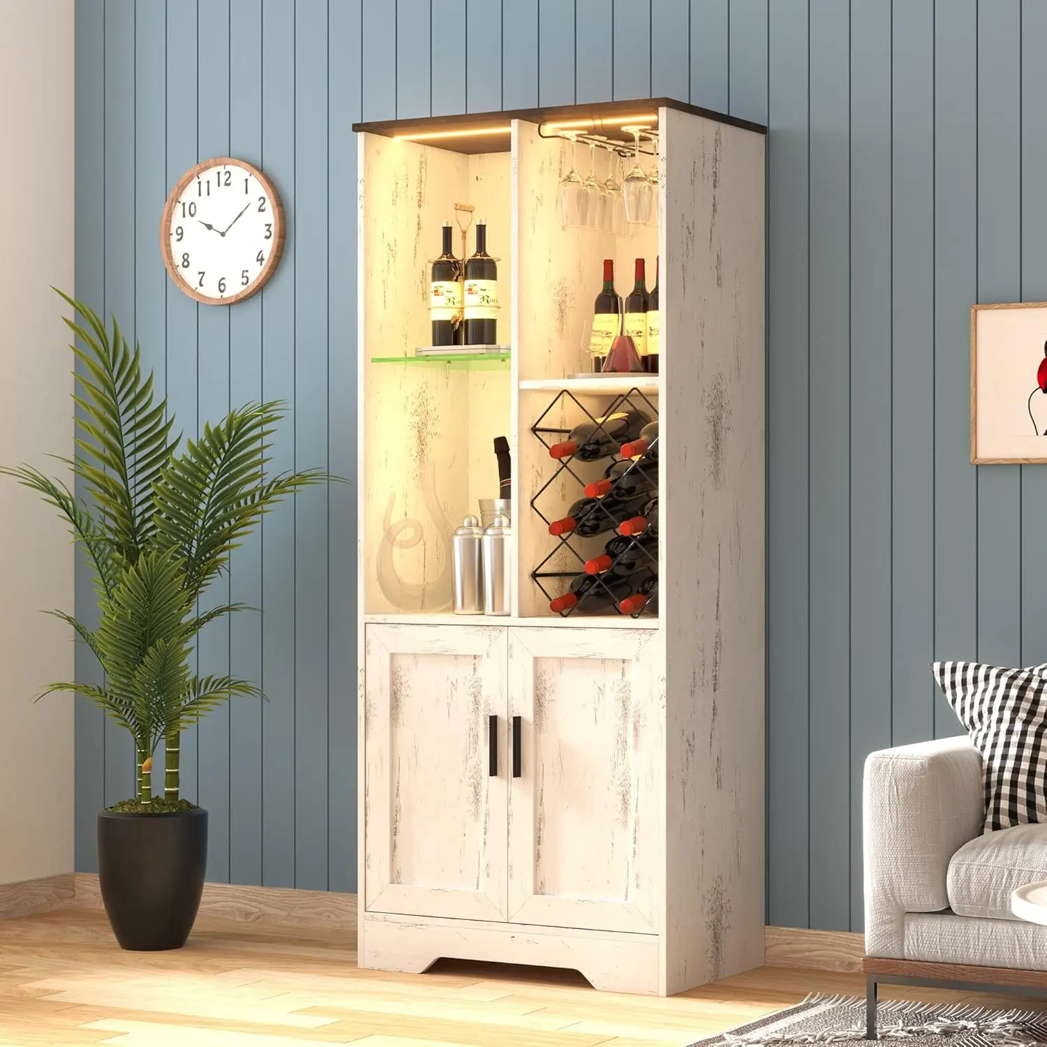 

58" White Bar Cabinet LED Adjustable Shelves Wine Rack Glass Holder Motion Sensor Dining Living Room, Customized