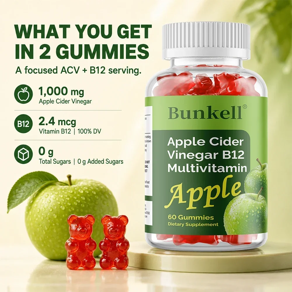 Apple Cider Vinegar Contains B12, Healthy Weight Management, Promotes Detoxification, Relieves Bloating, 60 Gummies
