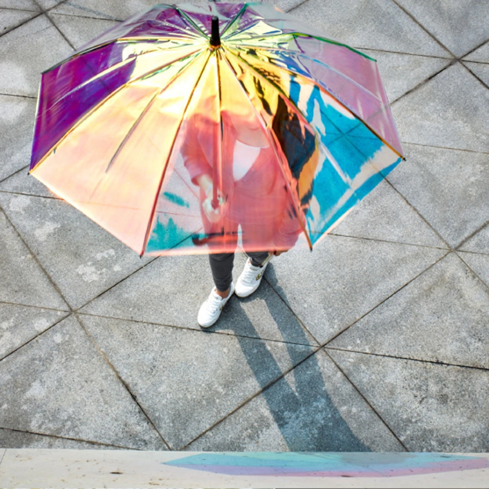 Sombrillas brillantes para mujer, sombrilla reflectante con láser arcoíris, a prueba de sol y lluvia, resistente al agua, Mango en J