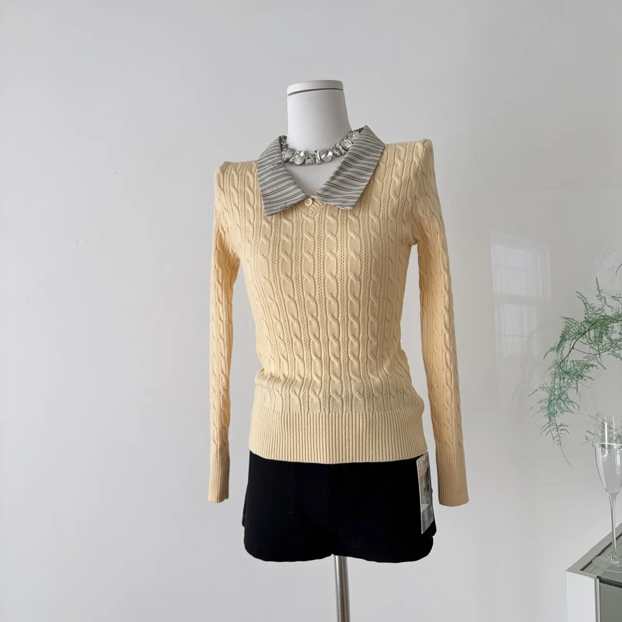 

Yellow V-Ne Knitted Sweater Women's Autumn Winter New Sle Striped Two-Piece Look Spirit Casual Faion Inner Wear