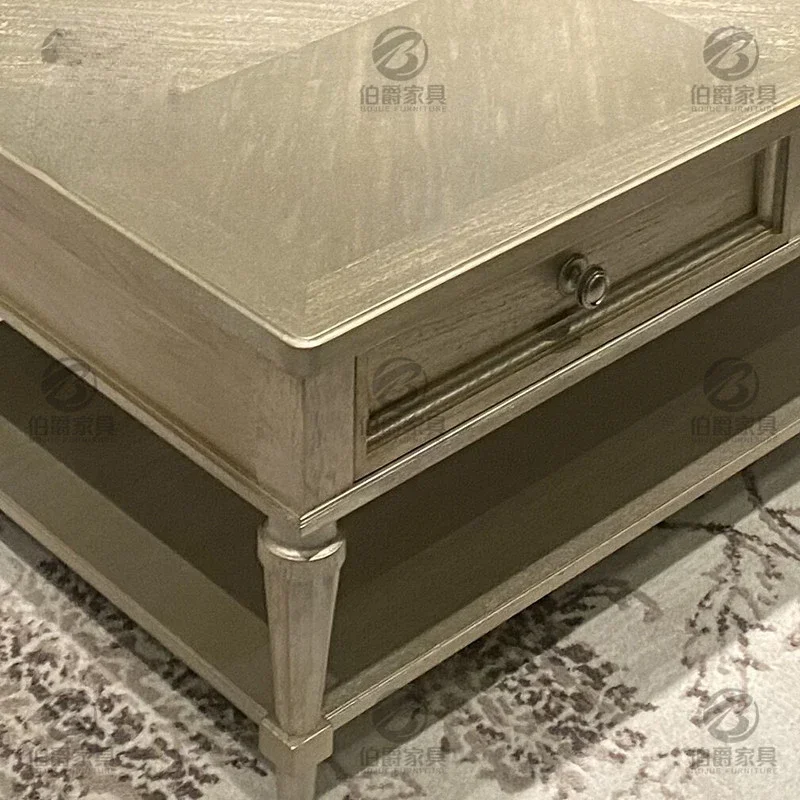 American Light Luxury Solid Wood Champagne Silver Rectangular Coffee Table