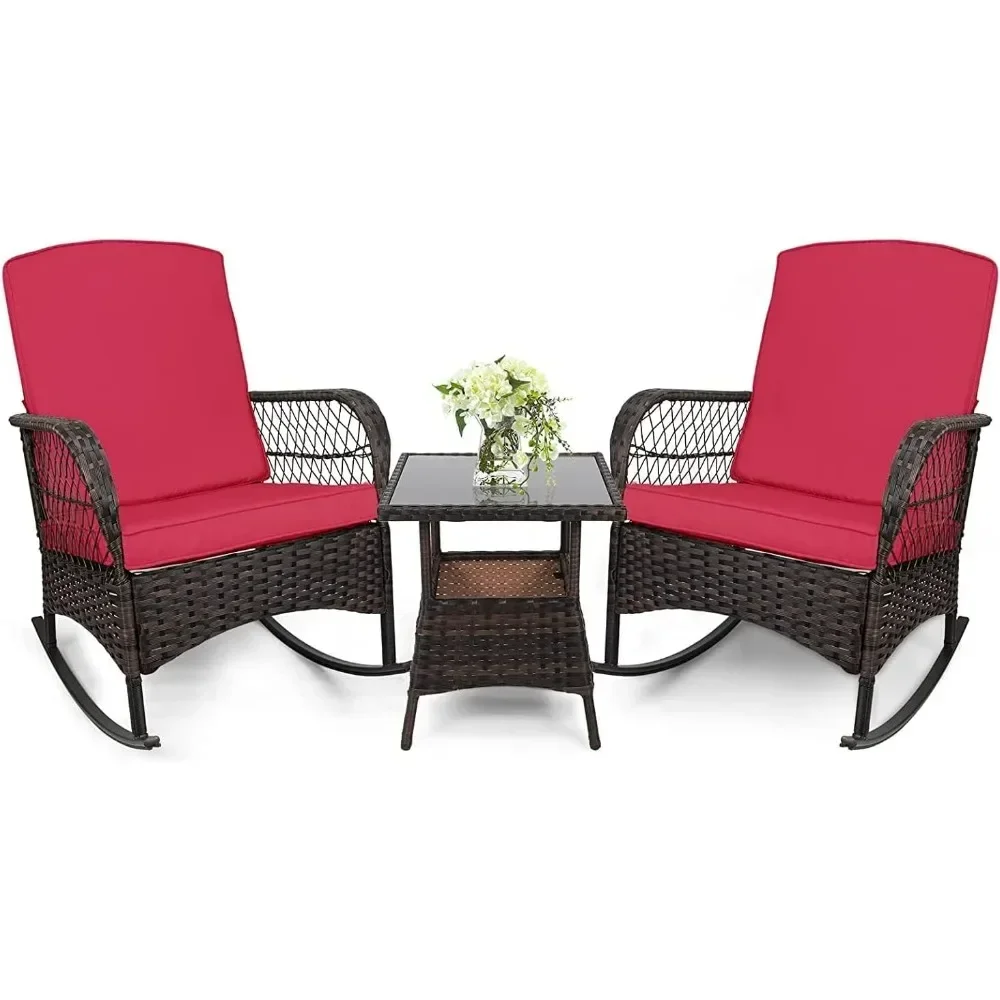 

3 pcs Rocking Bistro Set Conversation Chairs PE Wicker Outdoor Rocking Chairs(Rocking Set,Red)