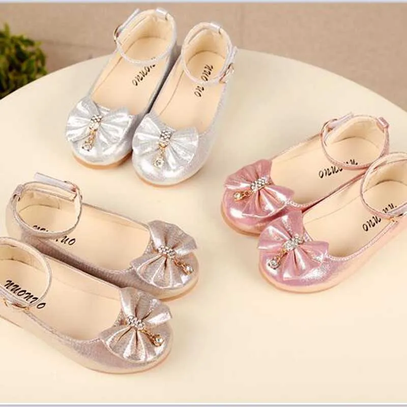 New Autumn Girls Leather Shoes Children Girls Baby Princess Bowknot Sneakers Pearl Diamond Single Shoes Kids Dance Shoes