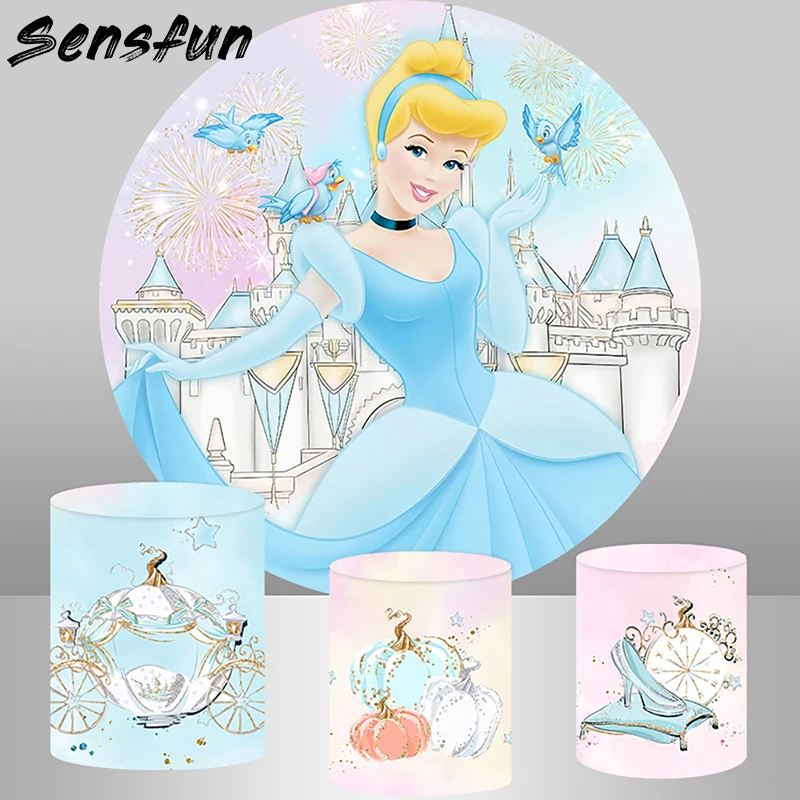 

Baby Blue Cinderella Happy Birthday Round Backdrop Cover Fantasy Castle Carriage Princess Party Decoration Photography Backdrop