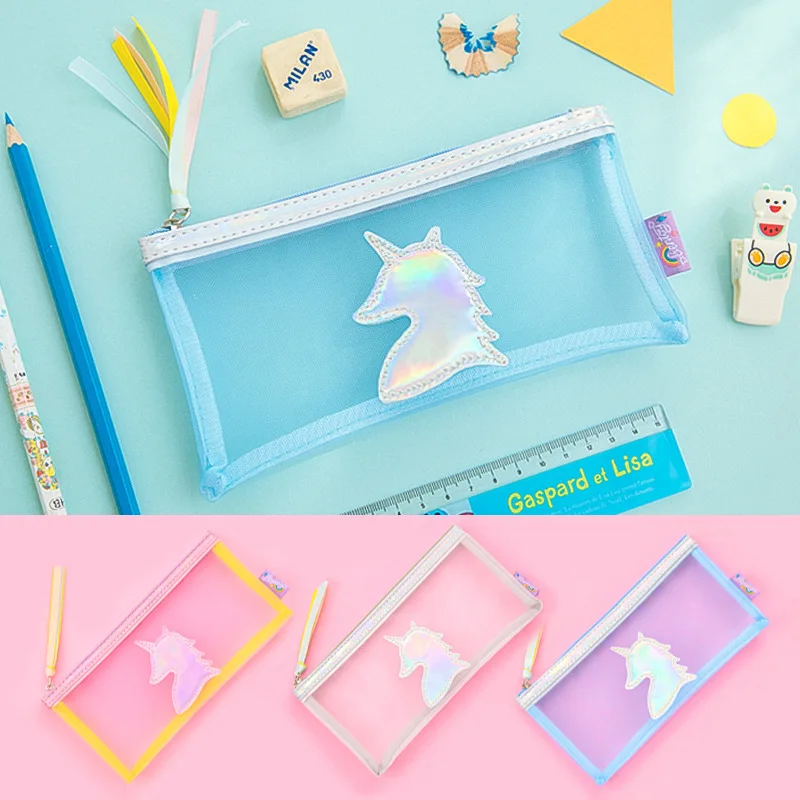 1 Pcs Kawaii laser Pu Pencil Case Unicorn Cartoon Gift Estuches School Pencil Box Makeup Pencil Bag School Supplies Stationery