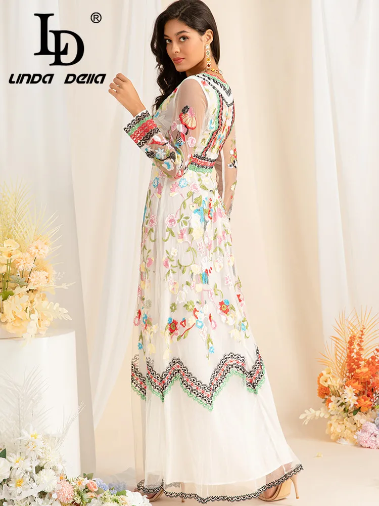 LD LINDA DELLA جودة عالية جديدة أنيقة الأقلية نمط صغير الأزهار التطريز السفر فضفاضة تناسب الملونة السيدات فستان طويل