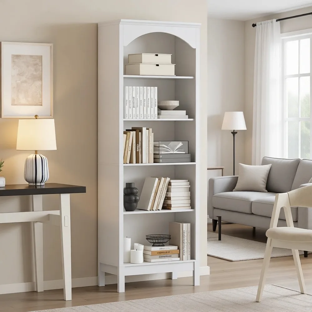 5 Tier Tall Bookcase - Adjustable Shelves for Living Rooms, Home Offices, Storage for Books, Plants, Collectibles