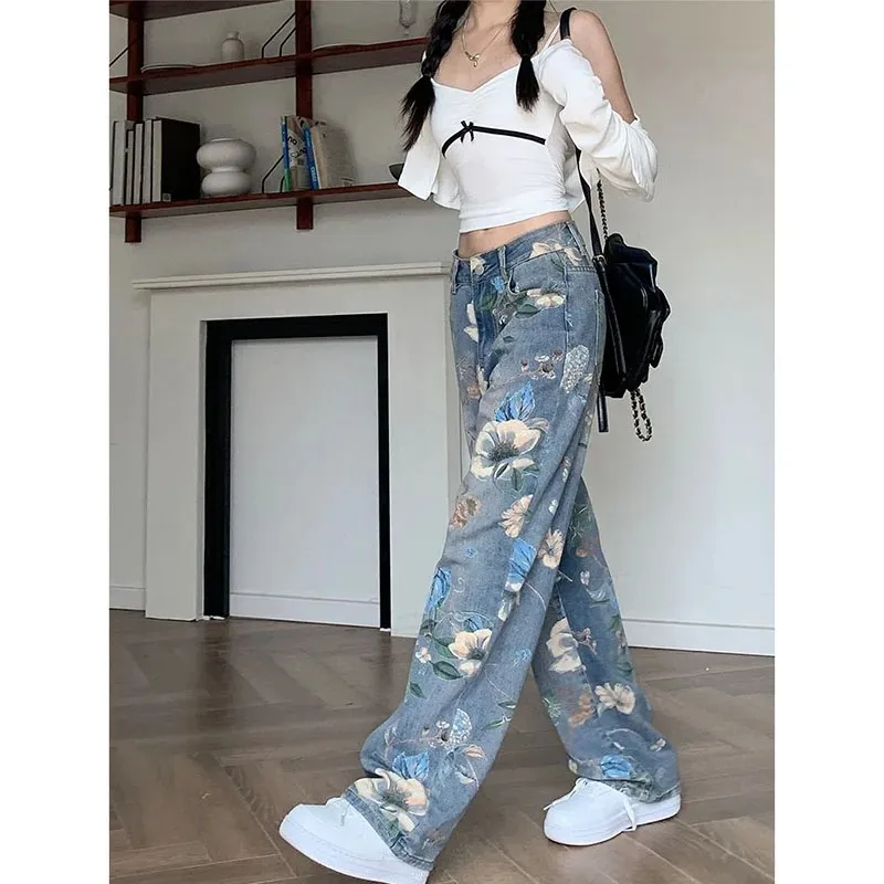 Jeans alla moda a gamba larga stampati da donna, design slim a vita alta di grandi dimensioni, pantaloni da pavimento con tasca dritta con cerniera
