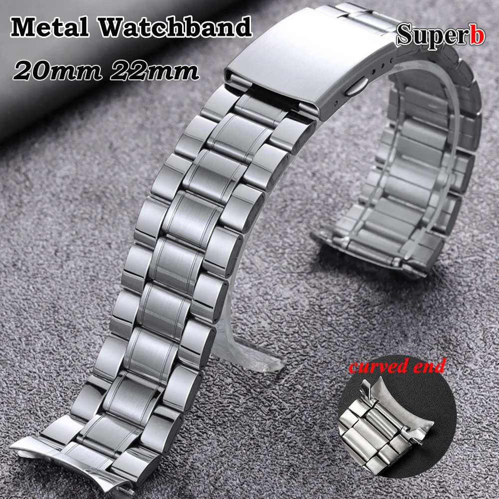 

20mm 22mm Curved End Stainless Steel Folding Buckle Watch Strap for Seiko Silver Metal Watch Band Universal Watchband Bracelet