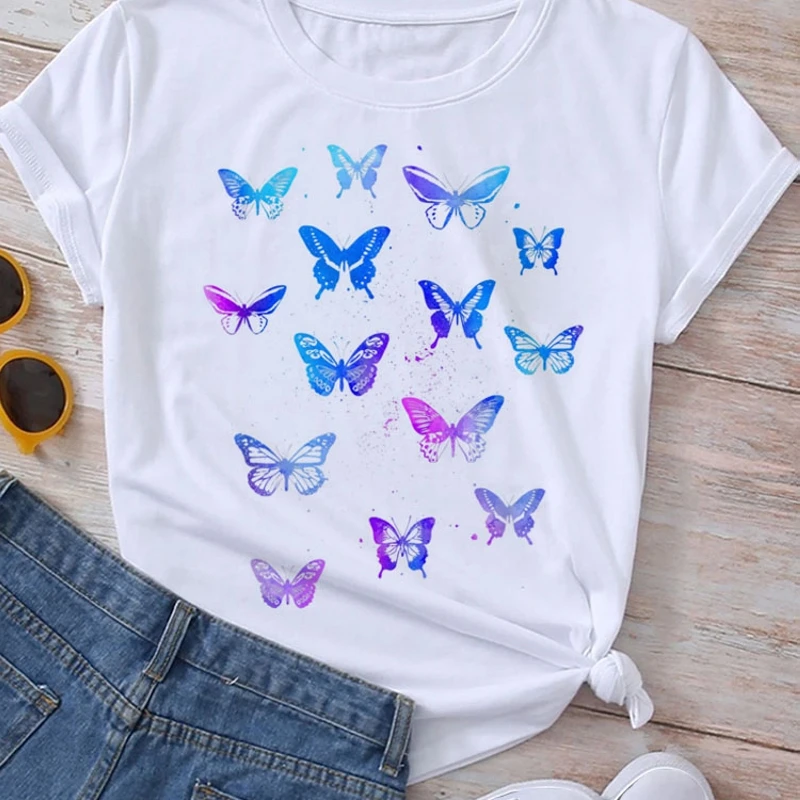 Woman Short Sleeve Tshirt Clothes Female Blouse Butterfly Flowers Print T Shirt Summer Tops Women T-Shirt Harajuku Graphic Tees