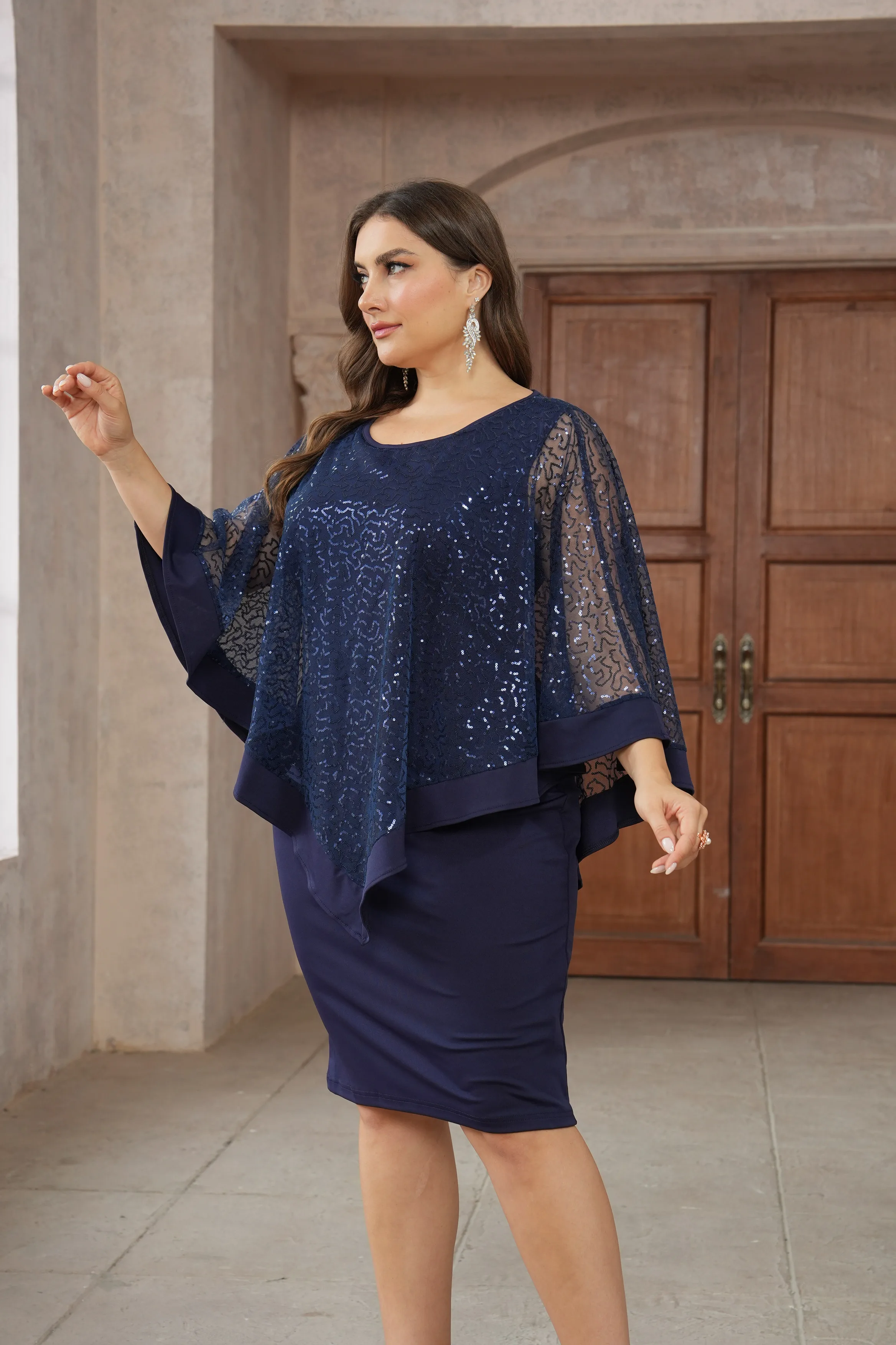 Plus Size Dames Elegante Feestjurken Pailletten Casual Jurken Cape Mouw Marineblauwe Jurken Avond Trouwfeestjurken