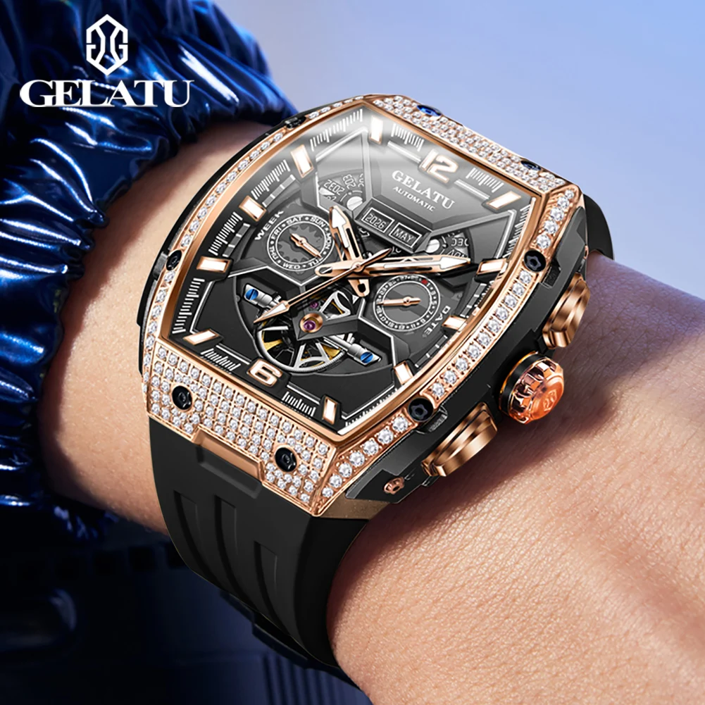 GELATU 6016 Men\'s Watches Full Diamond Hollow Out Skeleton Automatic Mechanical Watch for Men Original Silicone Strap Watch Men