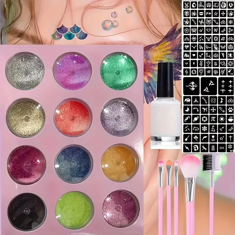 12 Farben glitzerndes DIY-Flash-Tattoo, inklusive mehreren Tattoo-Vorlagen, Kleberpinsel-Set, DIY Glitzer-Cartoon-Aufkleber-Tattoo-Set