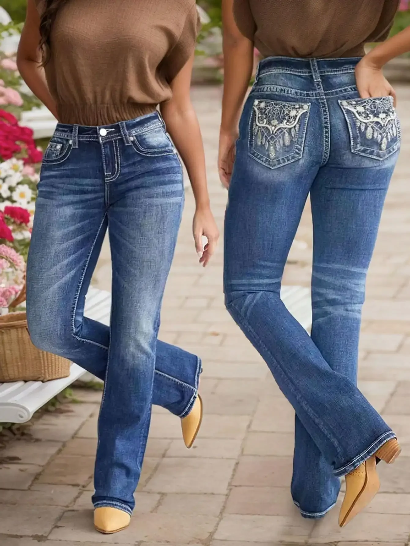 

Women's Embroidered Flare Jeans - Stylish High-Waisted Denim with Unique Stitching Detail
