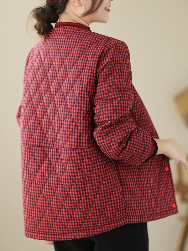 الرجعية منقوشة القطن Jaet المرأة الشتاء خفيفة الوزن فضفاضة التخسيس البيسبول طوق معطف القطن الدافئ طويل Sve زر حتى