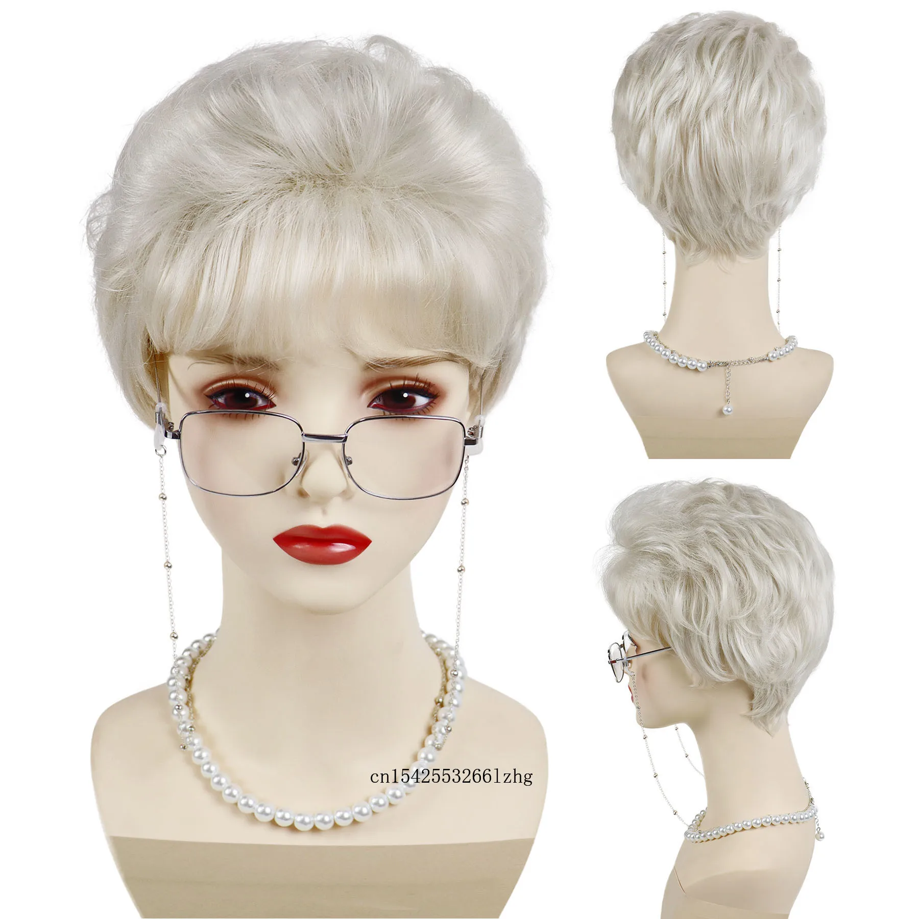 GNIMEGIL Synthetic Short White Old Lady Wig Fancy Granny Costume Set Glasses Hair Necklace 3 Pcs Christmas Halloween Women Wigs