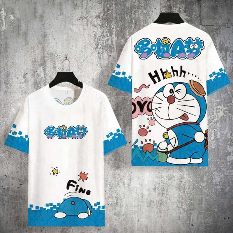 Anime New Doraemon 3D Printed Short Sleeve Shirt Sports Street Trend Style Large Loose Adult/Children's T-shirt