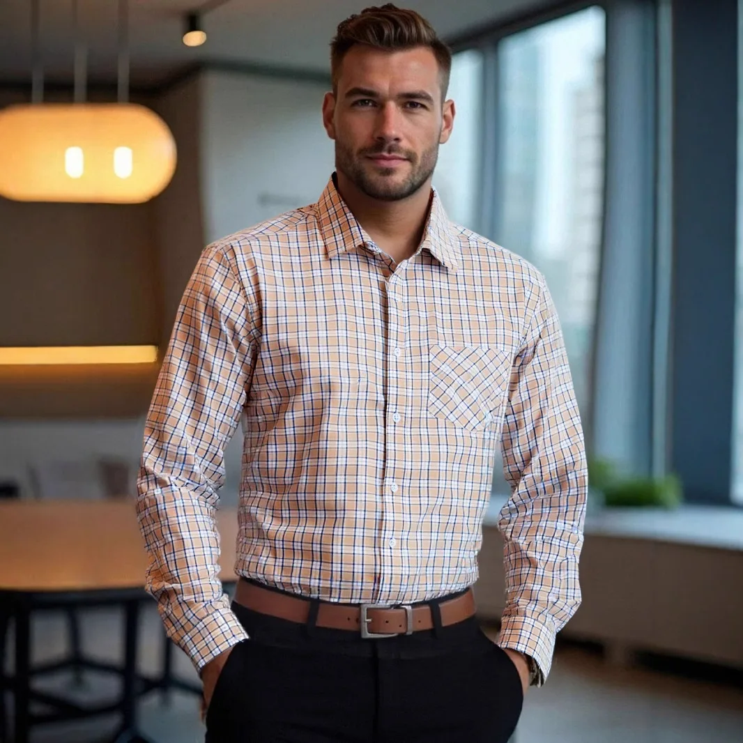 Camicia da uomo scozzese con risvolto multicolore casual da lavoro