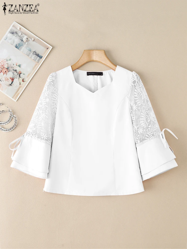 ZANZEA Elegant 3/4 Sleeve Offce Satin Shirt Women Blouses 2025 Summer Lace Patchwork Tops Fashion Solid Slim Fit Party Blusas