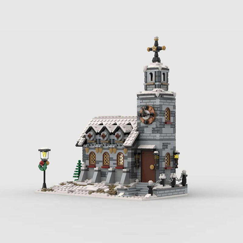 City Street View Model MOC Building Bricks Little Winter Church Modular Technology Gifts Holiday Assemble Children Toys Suit