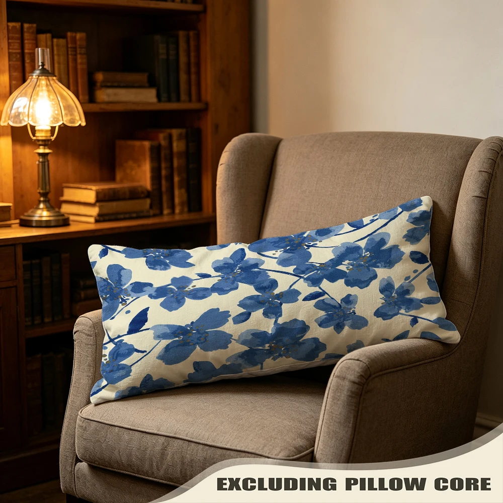 Blue White Cornflower Bloom Print Long Pillow Cover, Meadow Style, Staircase Decorative, Polyester, Bed Decor, Multi Purpose